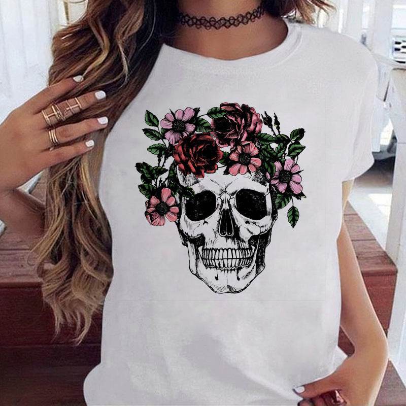 T-shirt Punk con con Teschio e Fiori - Come Moon 