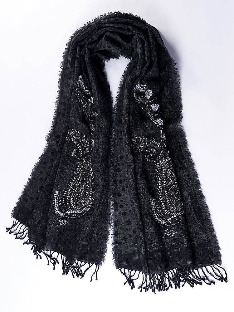 Sciarpa in lana pregiata con perline ricamate – calda ed elegante - Come Moon 