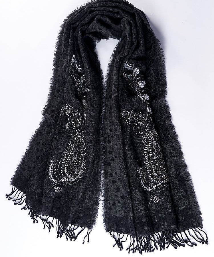 Sciarpa in lana pregiata con perline ricamate – calda ed elegante - Come Moon 