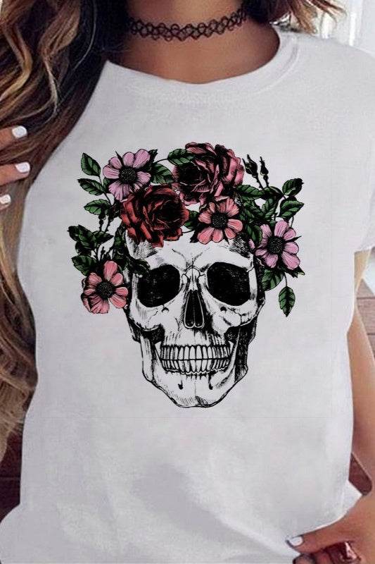 T-shirt Punk con con Teschio e Fiori - Come Moon 
