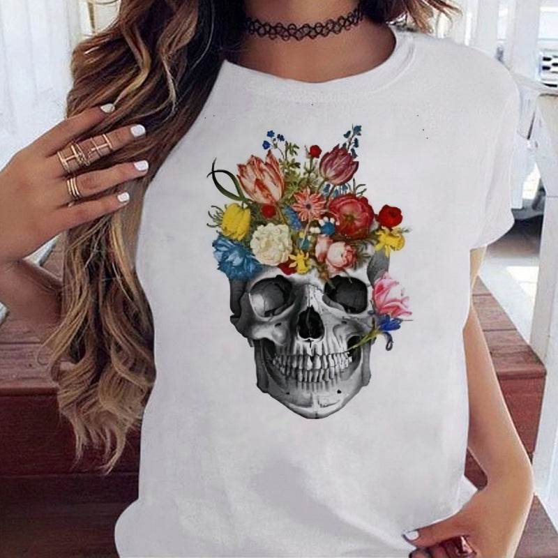 T-shirt Punk con con Teschio e Fiori - Come Moon 