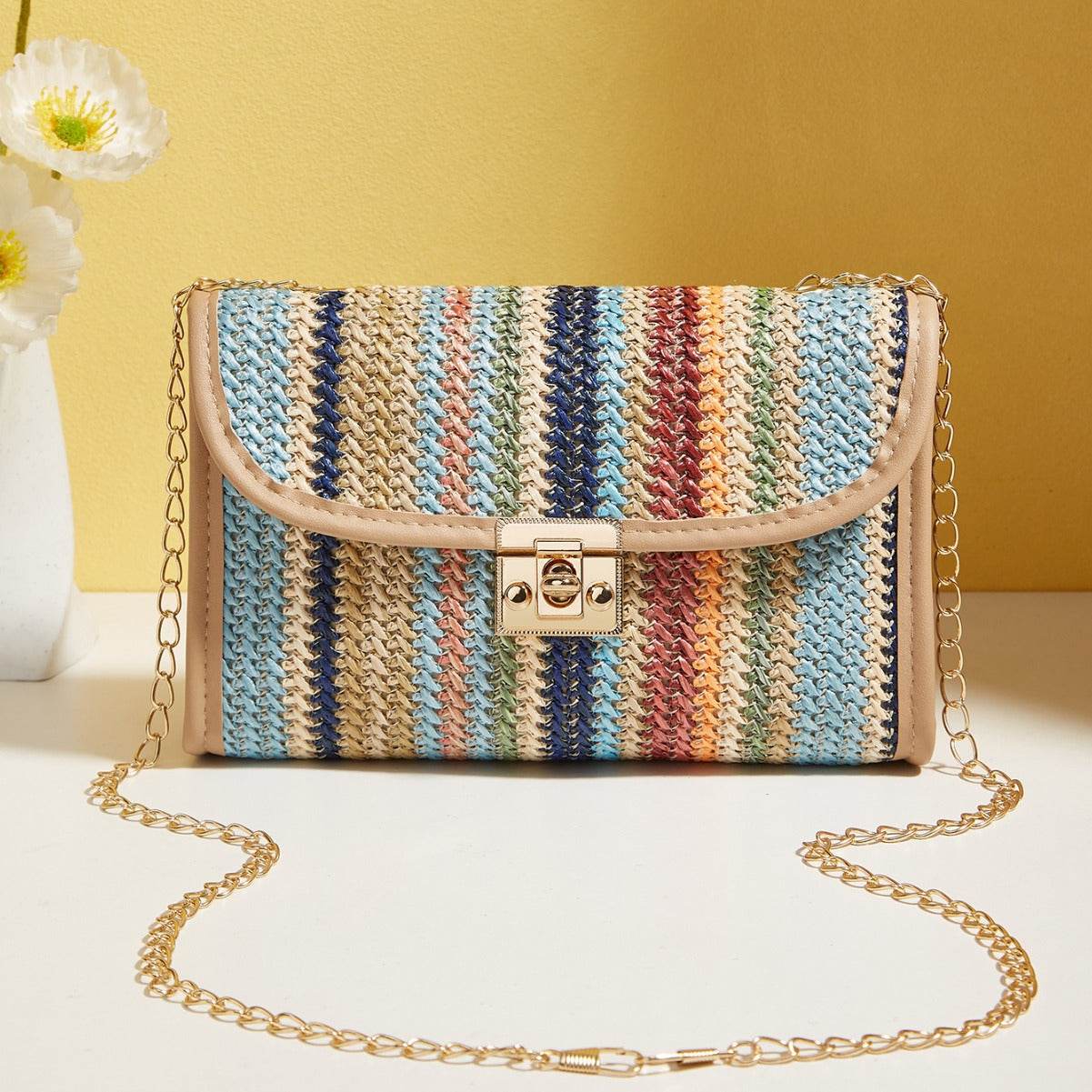 Clutch Arcobaleno Intrecciata con Tracolla Dorata - Come Moon 