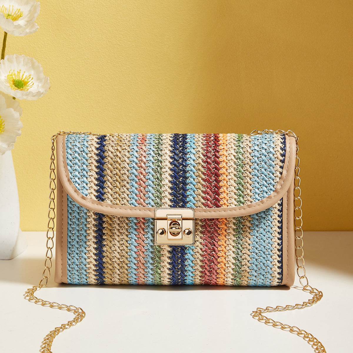 Clutch Arcobaleno Intrecciata con Tracolla Dorata - Come Moon 