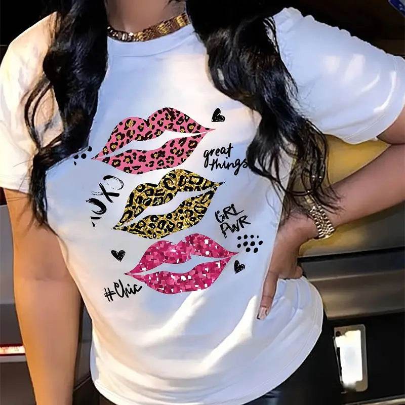 T-shirt bianca con stampa labbra animalier e scritte motivazionali - Come Moon 