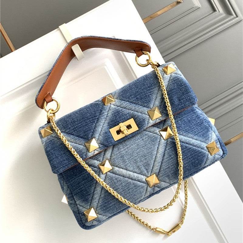 Borsa in Denim e Cuoio con Maxi Borchie - Come Moon 