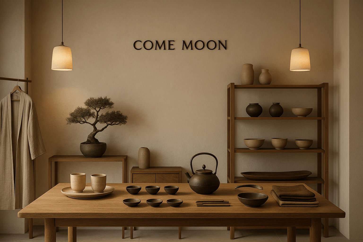 evocativa-immagine-del-concept-store-come-moon-ispirata-allestremo-oriente-raffinato-atmosfera-zen-e-minimalista-oggetti-artigianali-come-ceramiche-ghisa-legno-e-tessuti-pregiati-luce - Come Moon 