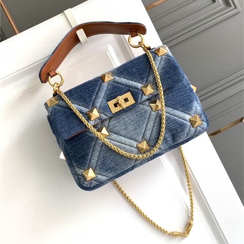 Borsa in Denim e Cuoio con Maxi Borchie - Come Moon 