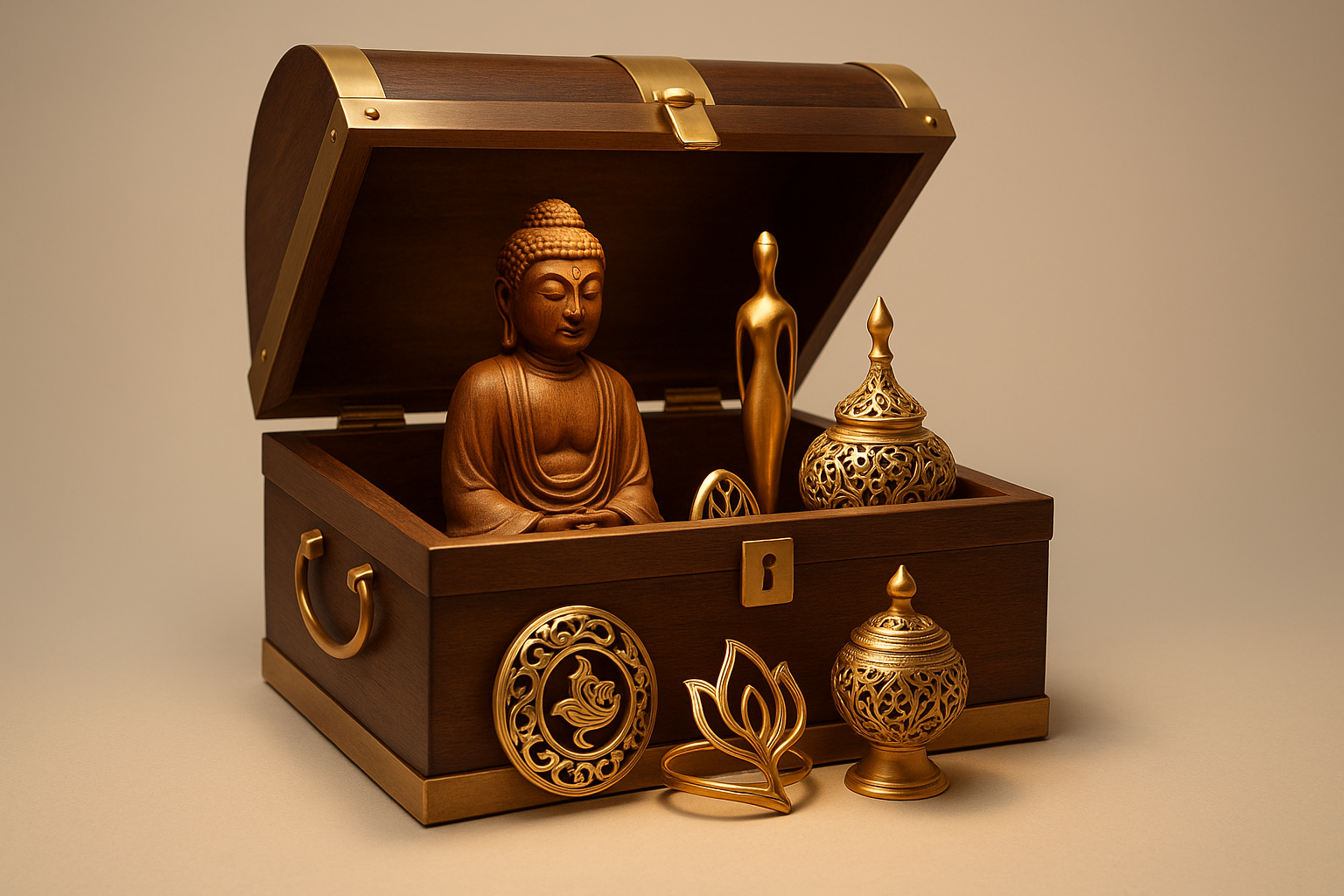 scrigno-del-tesoro-aperto-contenente-oggetti-d-arte-tridimensionali-come-statuette-sculture-e-gioielli-artistici-stile-orientale-minimalista-e-lussuoso-legno-e-metallo-dorato-illumina - Come Moon 